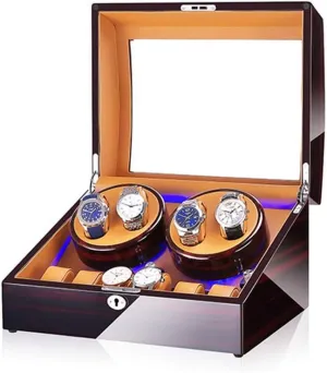 Watch Winder for 4 Watches   6 Storage, with LED Light, Quiet Motor, Wood Shell Piano Paint Exterior, 4 Rotation Modes Watch Winder Display Watch Box Watch Storage Gift