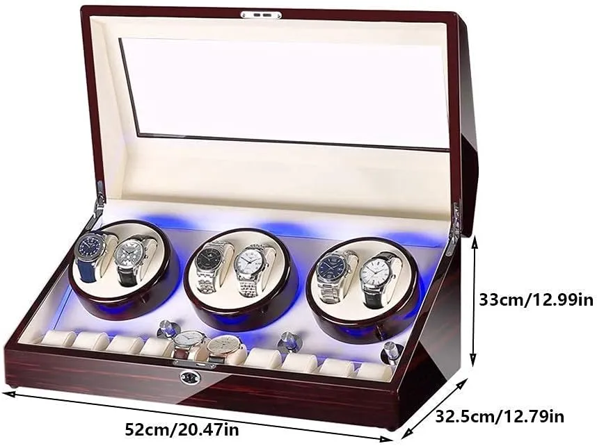 Watch Winder for 6 Watches   10 Storage LED Light Wood Shell Piano Paint Exterior Leather Interior Silent Motor (C)