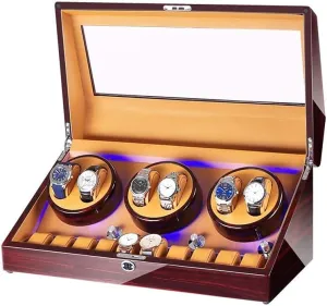 Watch Winder for 6 Watches   10 Storage LED Light Wood Shell Piano Paint Exterior Leather Interior Silent Motor (C)