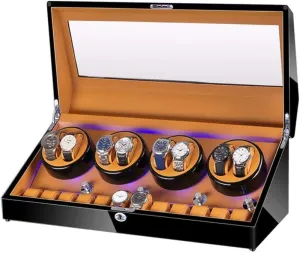 Watch Winder for 8 Watches   12 Storage LED Light Wood Shell Piano Varnish Exterior, Leather Interior, Extremely Quiet Engine Watch Winder Display Watch Box Storage (A A)