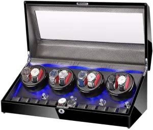 Watch Winder for 8 Watches   12 Storage LED Light Wood Shell Piano Varnish Exterior, Leather Interior, Extremely Quiet Engine Watch Winder Display Watch Box Storage