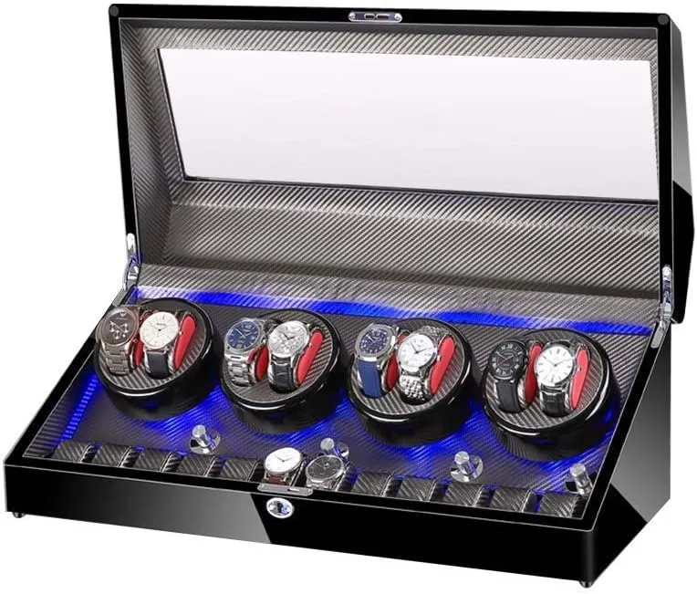 Watch Winder for 8 Watches   12 Storage LED Light Wood Shell Piano Varnish Exterior, Leather Interior, Extremely Quiet Engine Watch Winder Display Watch Box Storage