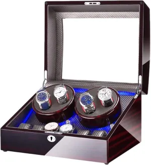 Watch Winder Watch Winder Box for 4 Automatic Watch   6 Storage Space with Blue Led Light Piano Paint Finish Power Supply,A Watch Winder powerfully