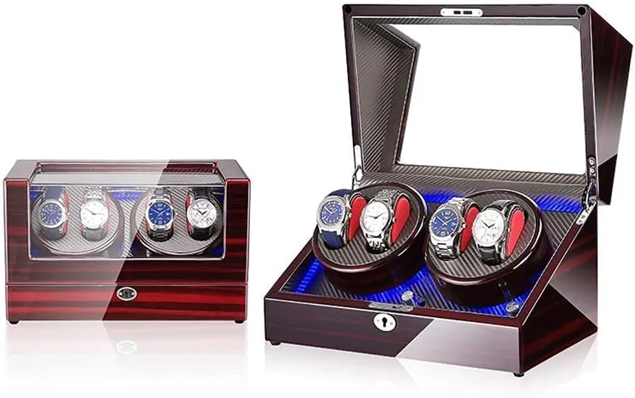 Watch Winder Watch Winder Box for 4 Automatic Watch Built-in LED Light Wood Shell Piano Paint Exterior AC Adapter and ed Watch Winder (E A)