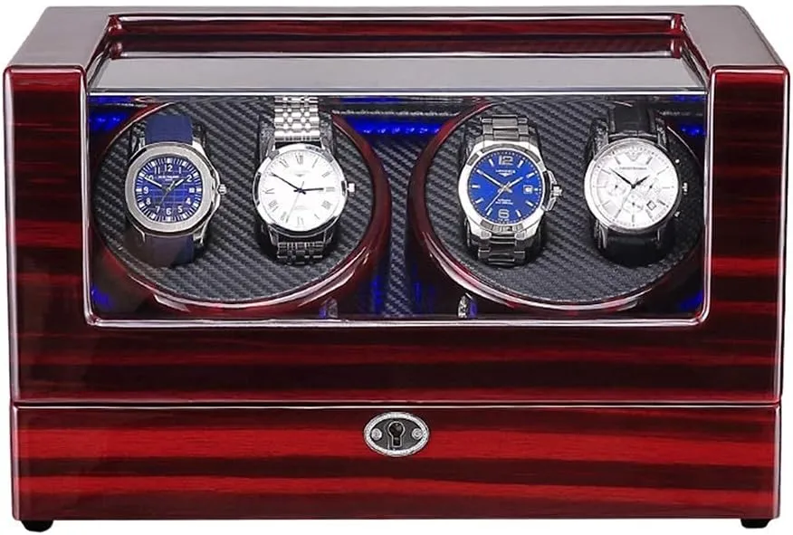 Watch Winder Watch Winder Box for 4 Automatic Watch Built-in LED Light Wood Shell Piano Paint Exterior AC Adapter and ed Watch Winder (E A)