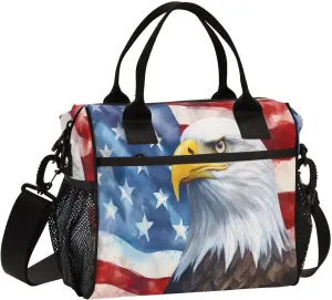Watercolor Hawk America Flag Insulated Lunch Bag Reusable Lunch Box for Men Women Leakproof Cooler Tote Bag with Adjustable Shoulder Strap Food Handbag for Work Picnic Office Camping Travel