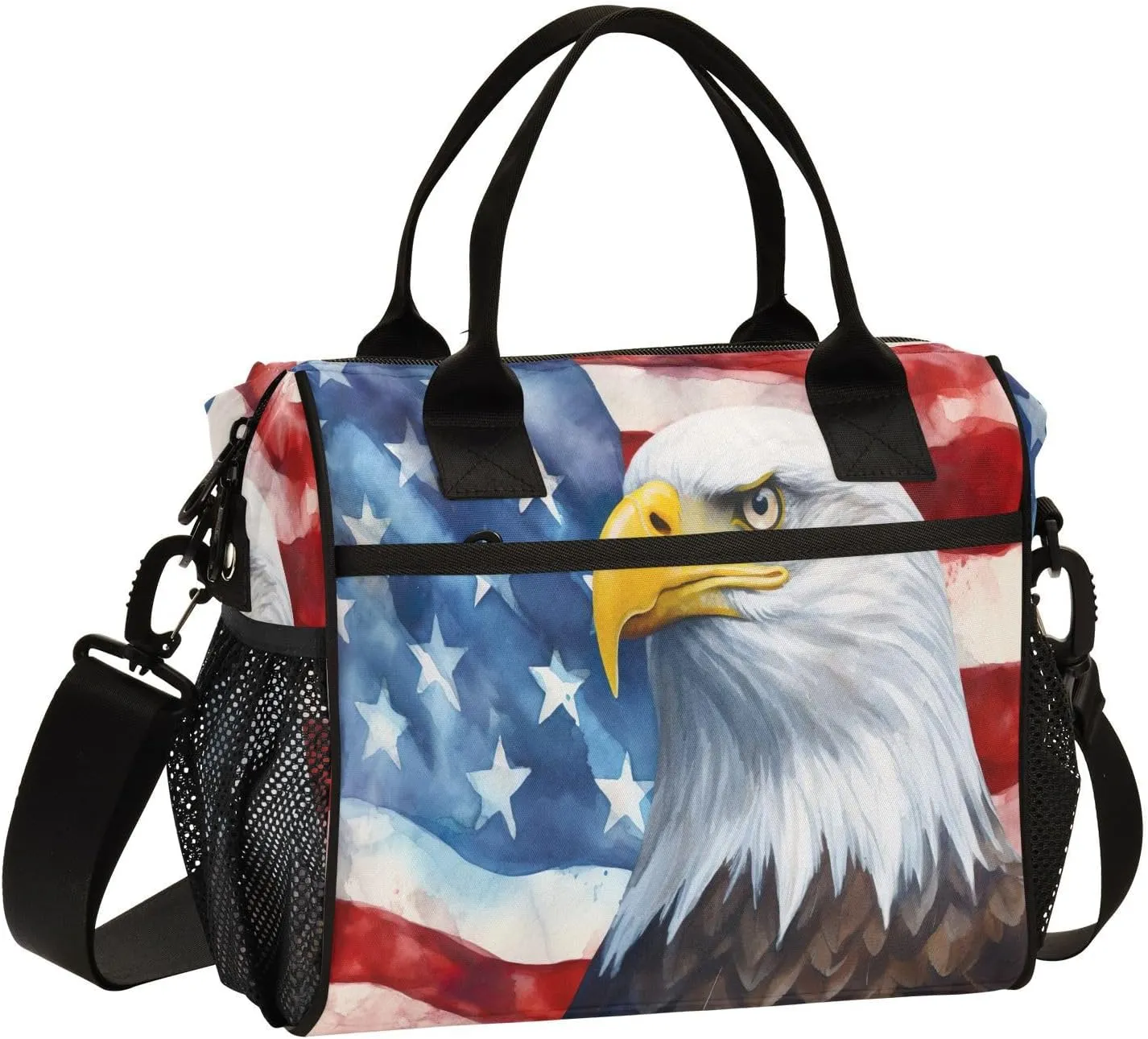 Watercolor Hawk America Flag Insulated Lunch Bag Reusable Lunch Box for Men Women Leakproof Cooler Tote Bag with Adjustable Shoulder Strap Food Handbag for Work Picnic Office Camping Travel