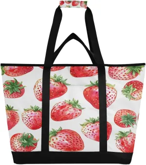 Watercolor Strawberries Reusable Insulated Lunchbox Cooler Bag, Leakproof Kitchen Grocery Bag Collapsible Portable Cooler Tote Bag for Picnic, Camping, Office, Travel