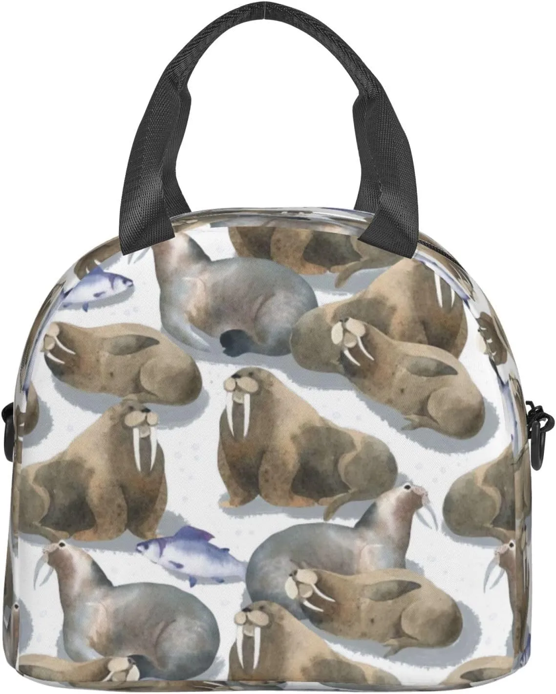 Watercolor Walrus Fish Lunch Bag Hand Tote Crossbody Insulated Lunch Bag Large Portable Lunch Box