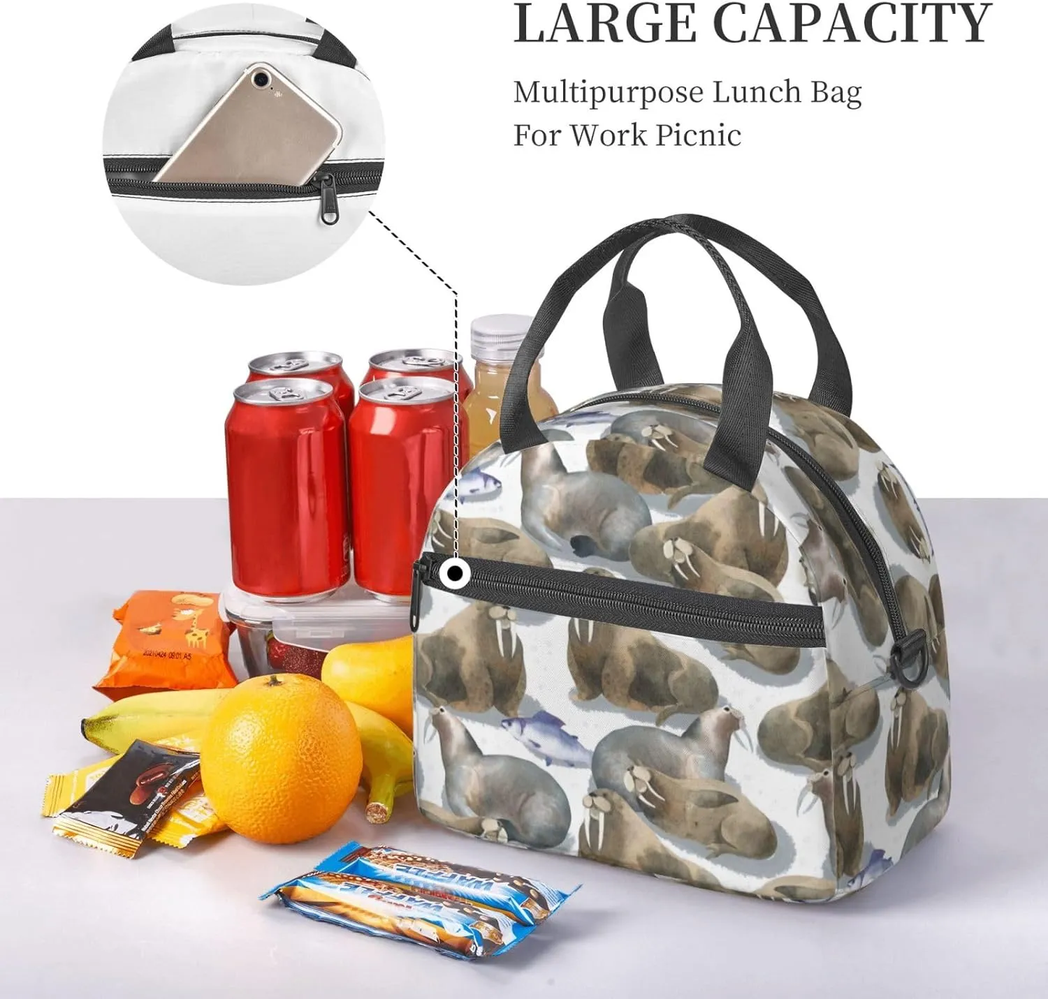 Watercolor Walrus Fish Lunch Bag Hand Tote Crossbody Insulated Lunch Bag Large Portable Lunch Box