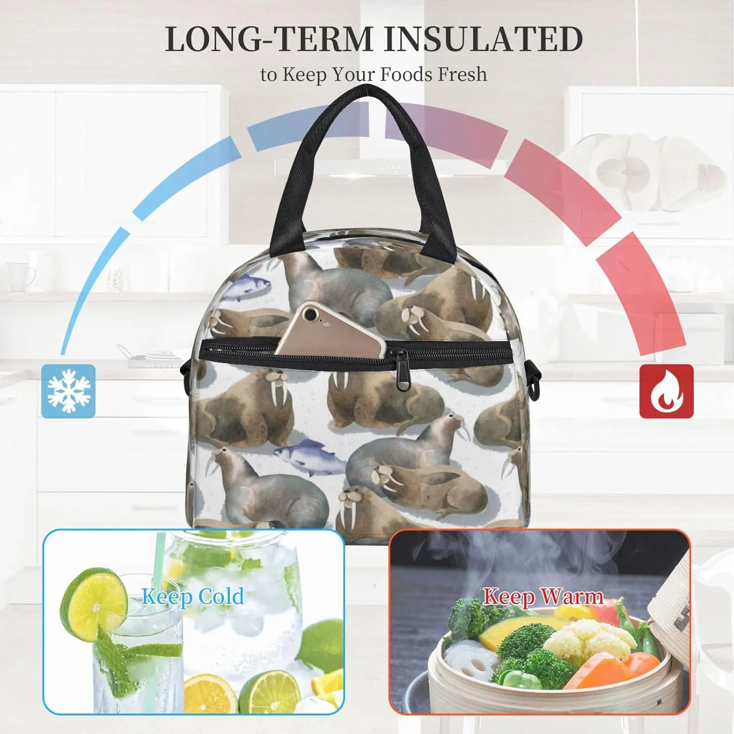 Watercolor Walrus Fish Lunch Bag Hand Tote Crossbody Insulated Lunch Bag Large Portable Lunch Box
