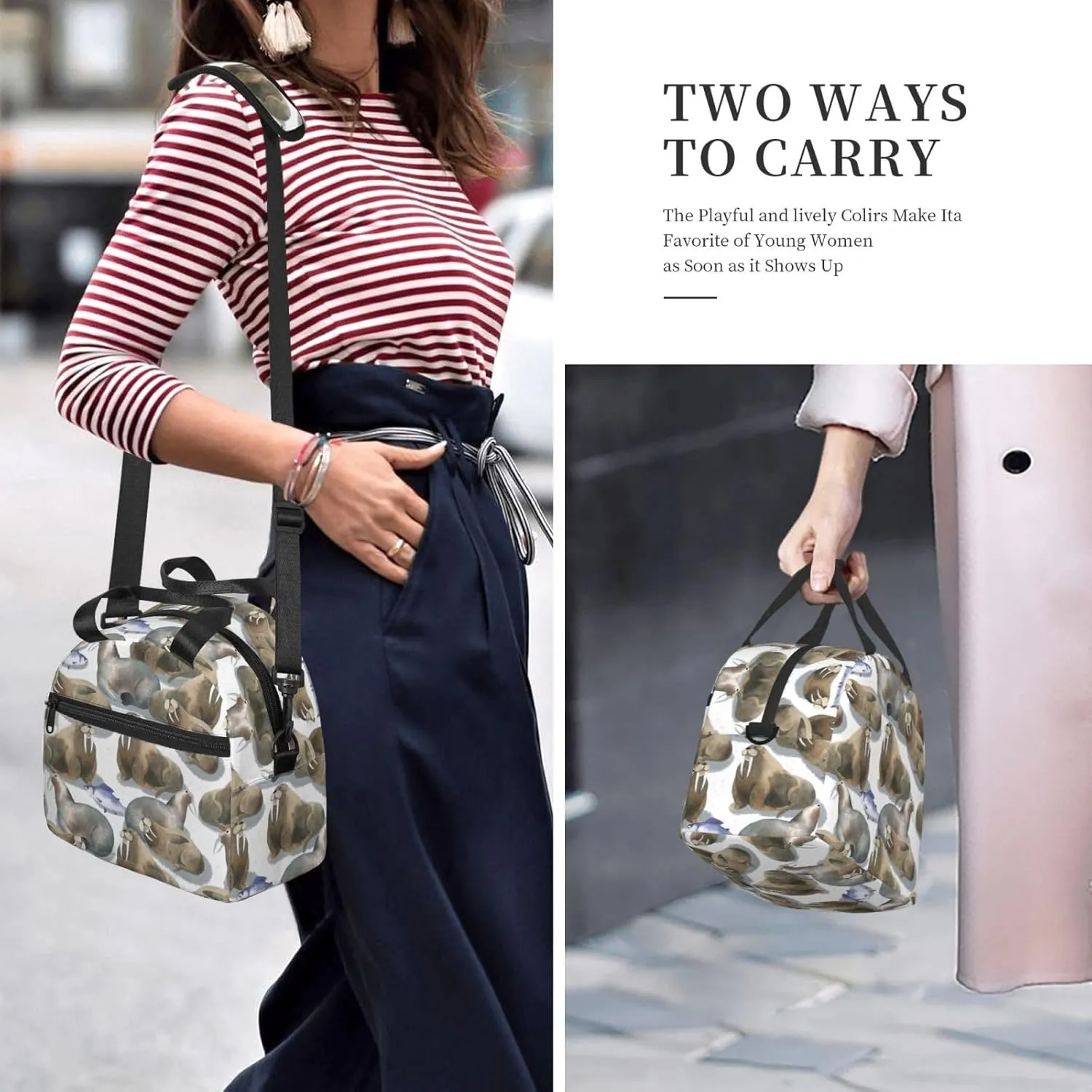 Watercolor Walrus Fish Lunch Bag Hand Tote Crossbody Insulated Lunch Bag Large Portable Lunch Box