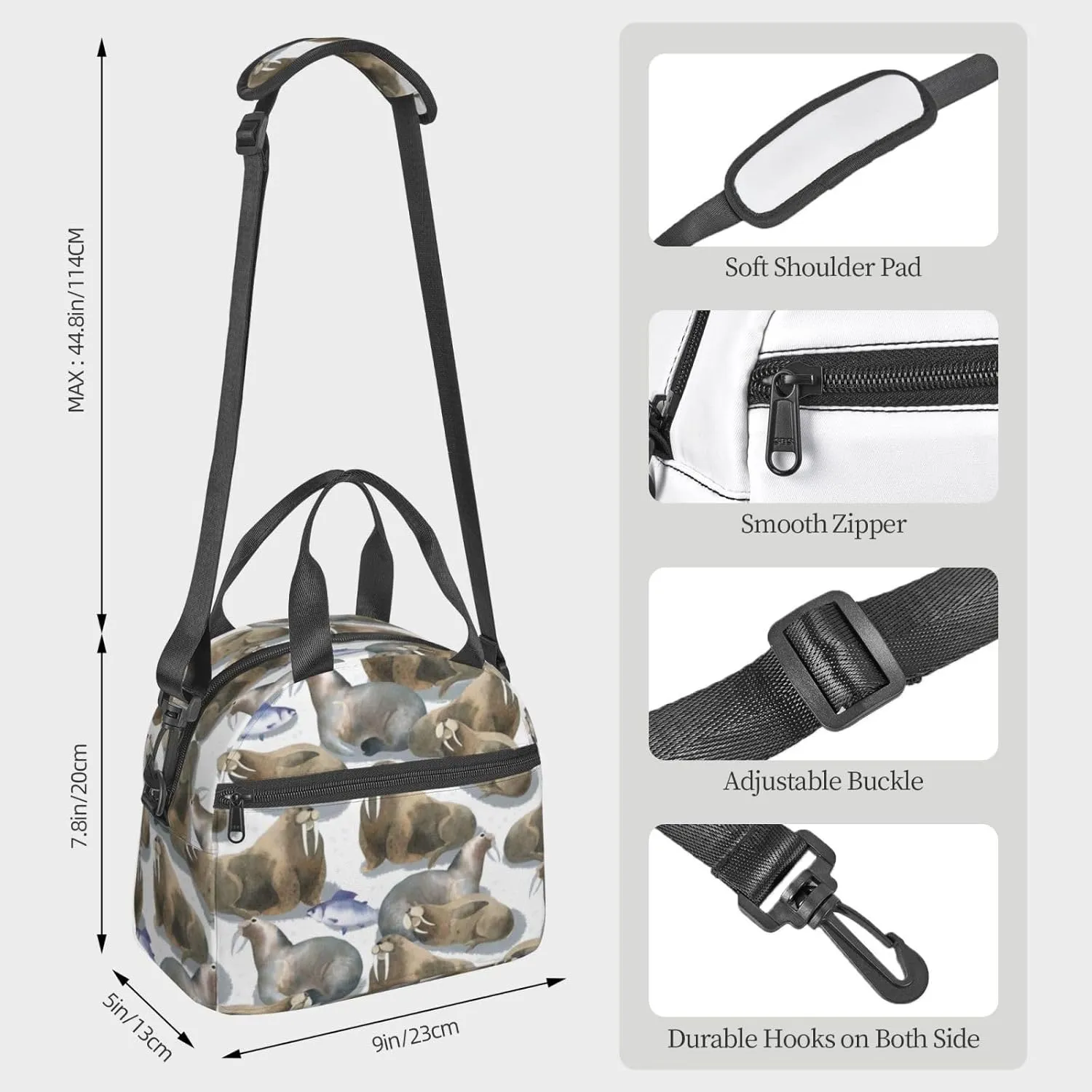 Watercolor Walrus Fish Lunch Bag Hand Tote Crossbody Insulated Lunch Bag Large Portable Lunch Box