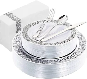 WDF 150PCS Silver Plates and Napkins Dinnerware - Lace Design Silver Plates Disposable, Silver Plates Dinnerware Include 25Dinner Plates,25Salad Plates,25Forks,25Knives,25Spoons,25Napkins