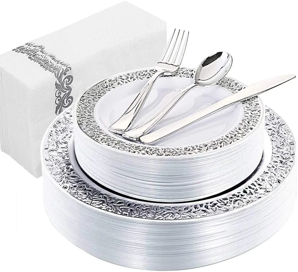 WDF 150PCS Silver Plates and Napkins Dinnerware - Lace Design Silver Plates Disposable, Silver Plates Dinnerware Include 25Dinner Plates,25Salad Plates,25Forks,25Knives,25Spoons,25Napkins