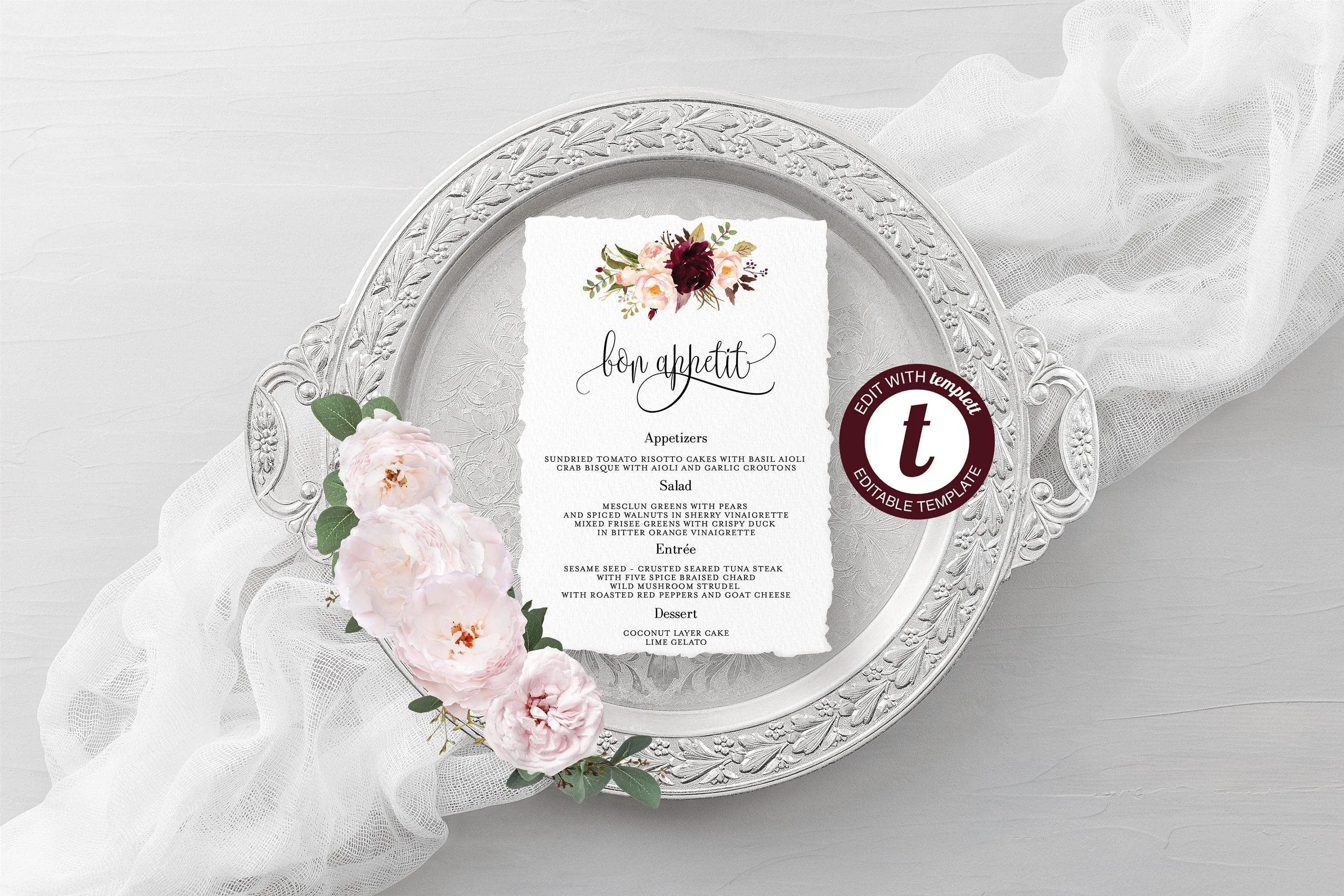 Wedding Menu Printable Template, Editable Instant Download, Menu Cards, DIY Dinner Menu Burgundy Floral -KATHERINE