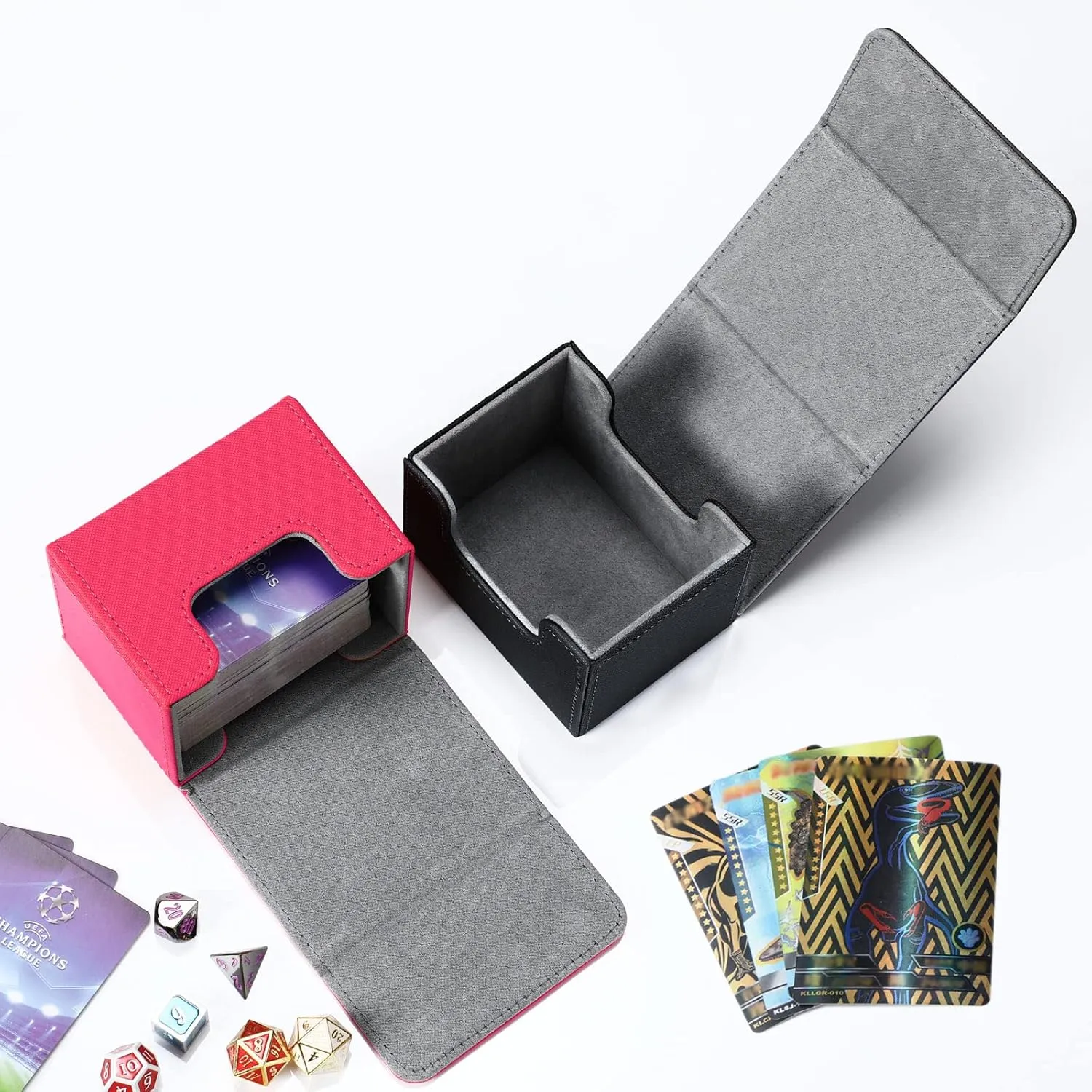 Weewooday 2 Boxes Leather Deck Card Boxes Large Size Fit 100 Plus Sleeved Cards Deck Game for Collectible Playing Compatible with MTG TCG(Horizontal,Black, Pink)