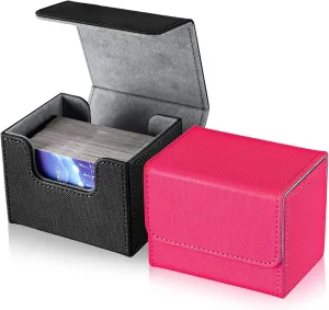 Weewooday 2 Boxes Leather Deck Card Boxes Large Size Fit 100 Plus Sleeved Cards Deck Game for Collectible Playing Compatible with MTG TCG(Horizontal,Black, Pink)