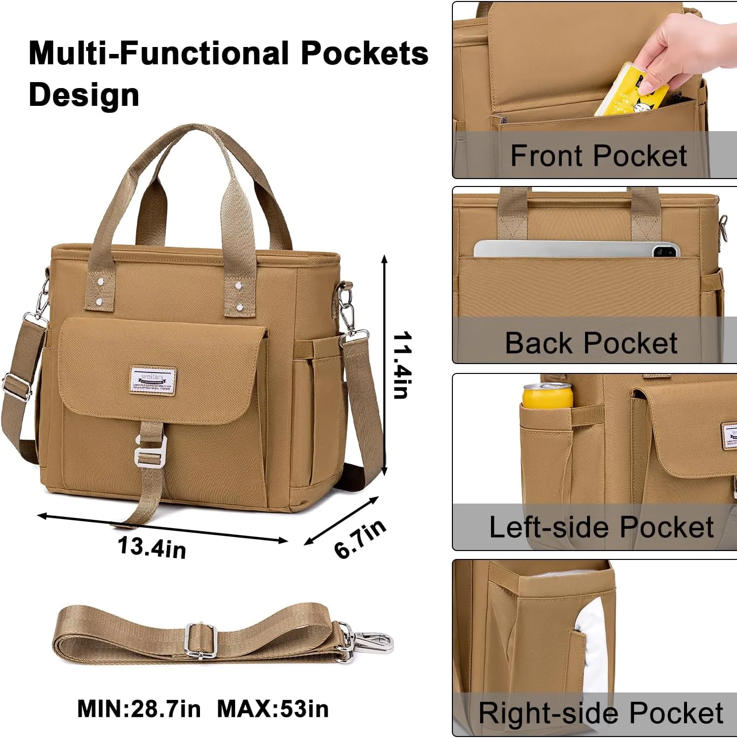 Weitars Insulated Lunch Bag for Men Women,Leak Proof Lunch Box for Work,Extra Large Lunch Tote Bag With Removable Shoulder Strap with Side Pockets,Reusable Lunch Bag For Picnic Hiking (Kakhi)