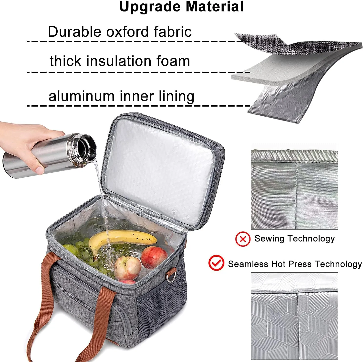 Weitars Lunch Bag for Women Men, Loncheras Para Mujer Dual Compartment Waterproof Reusable Large Lunch Box Wide-Open Cooler Tote Bag For Working Picnic Hiking (15L) (Gray(kahki))