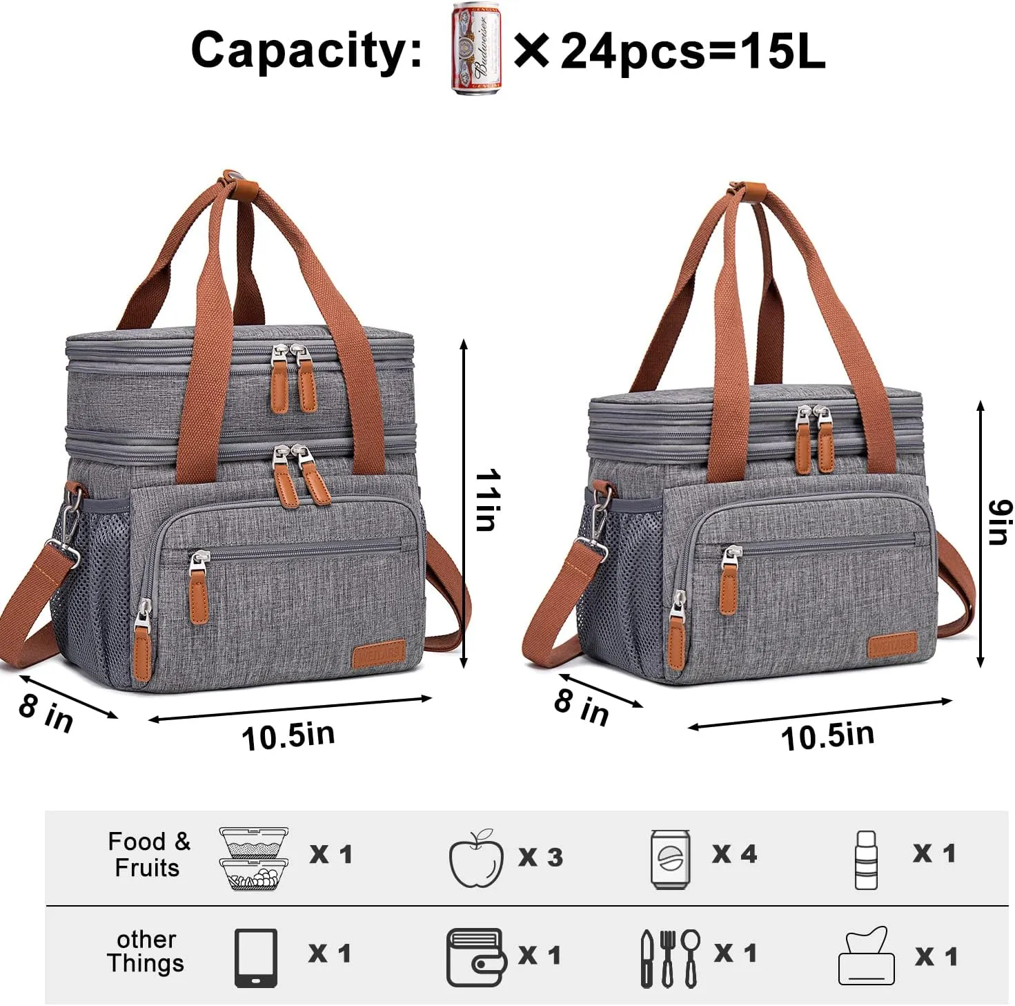 Weitars Lunch Bag for Women Men, Loncheras Para Mujer Dual Compartment Waterproof Reusable Large Lunch Box Wide-Open Cooler Tote Bag For Working Picnic Hiking (15L) (Gray(kahki))