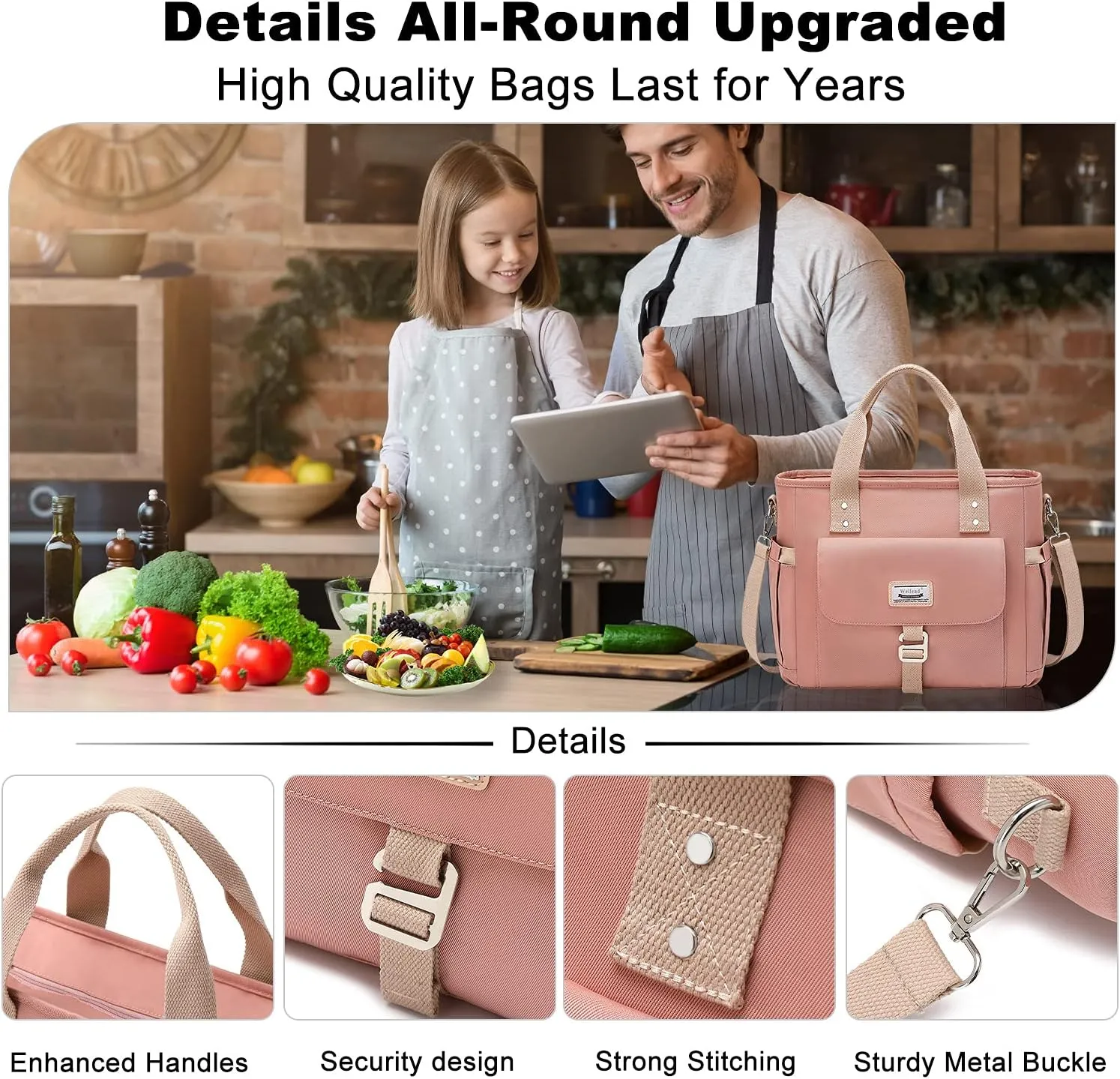 Weitars Lunch Bag for Women Work,Insulated Lunch Box Extra Large Lunch Tote Bag,Wide-Open Tote Cooler Bag With Removable Shoulder Strap with Side Pocket,Lunchbag For Picnic Hiking Beach