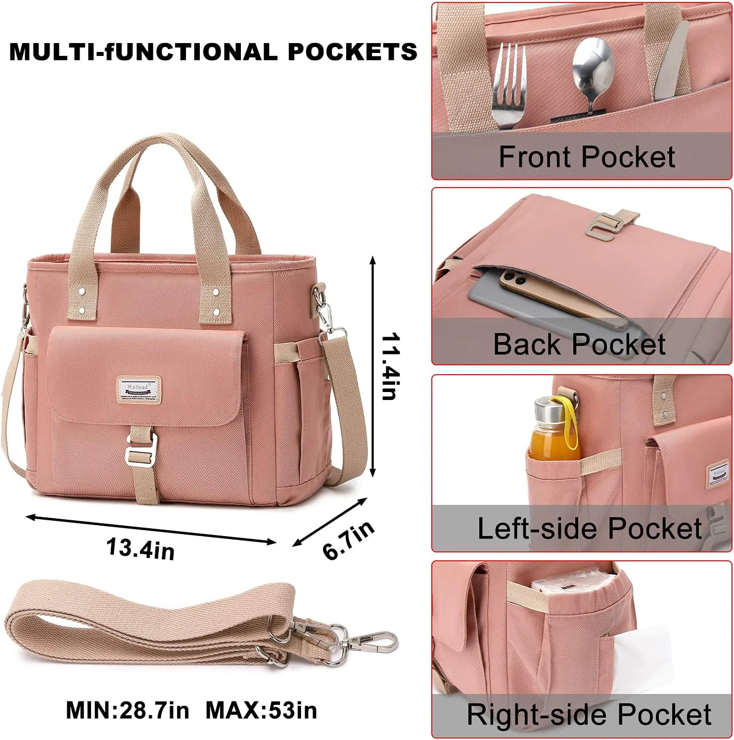 Weitars Lunch Bag for Women Work,Insulated Lunch Box Extra Large Lunch Tote Bag,Wide-Open Tote Cooler Bag With Removable Shoulder Strap with Side Pocket,Lunchbag For Picnic Hiking Beach