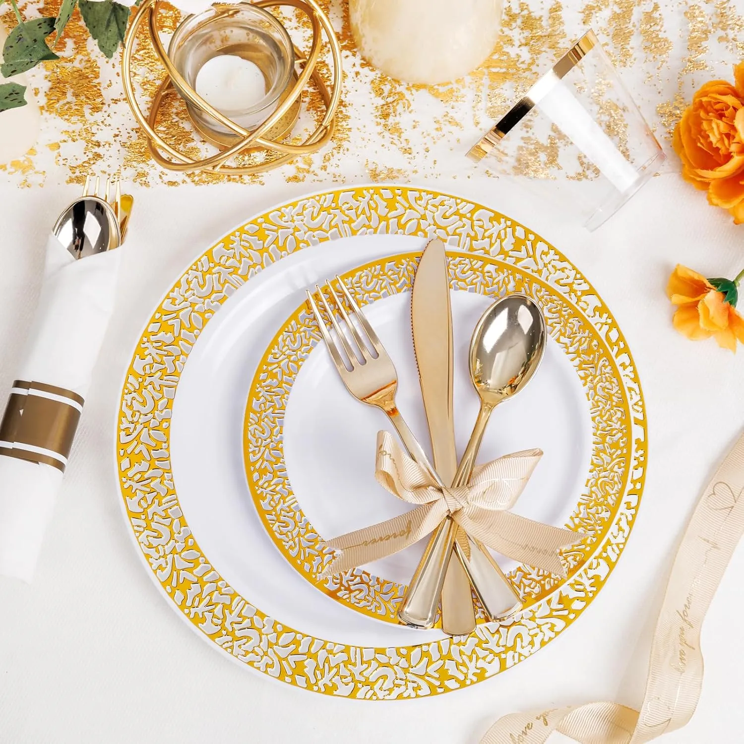 WELLIFE 350 Pieces Gold Plastic Dinnerware, Include:50 Dinner Plates,50 Dessert Plates, 50 Pre Rolled Napkins with Silverware and 50 Cups for Party