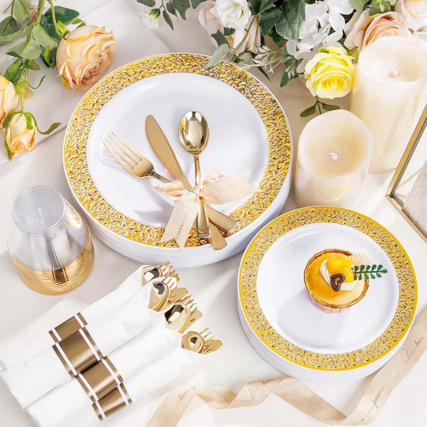 WELLIFE 350 Pieces Gold Plastic Dinnerware, Include:50 Dinner Plates,50 Dessert Plates, 50 Pre Rolled Napkins with Silverware and 50 Cups for Party