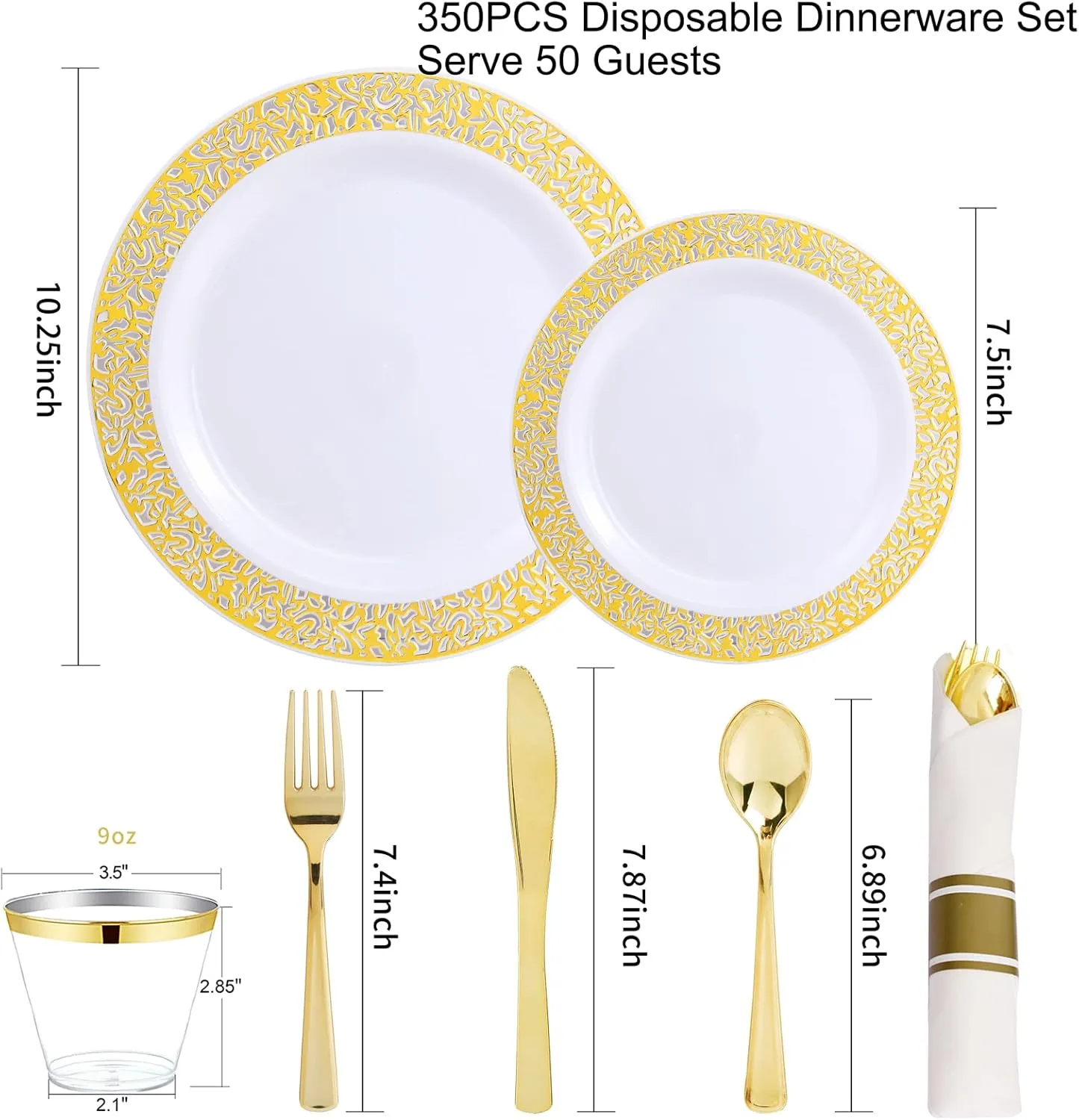 WELLIFE 350 Pieces Gold Plastic Dinnerware, Include:50 Dinner Plates,50 Dessert Plates, 50 Pre Rolled Napkins with Silverware and 50 Cups for Party