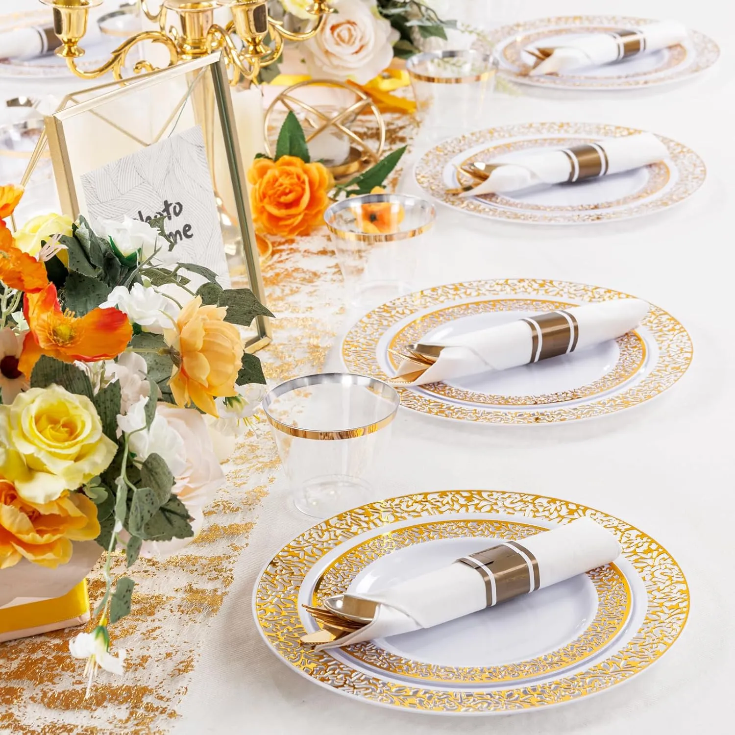 WELLIFE 350 Pieces Gold Plastic Dinnerware, Include:50 Dinner Plates,50 Dessert Plates, 50 Pre Rolled Napkins with Silverware and 50 Cups for Party