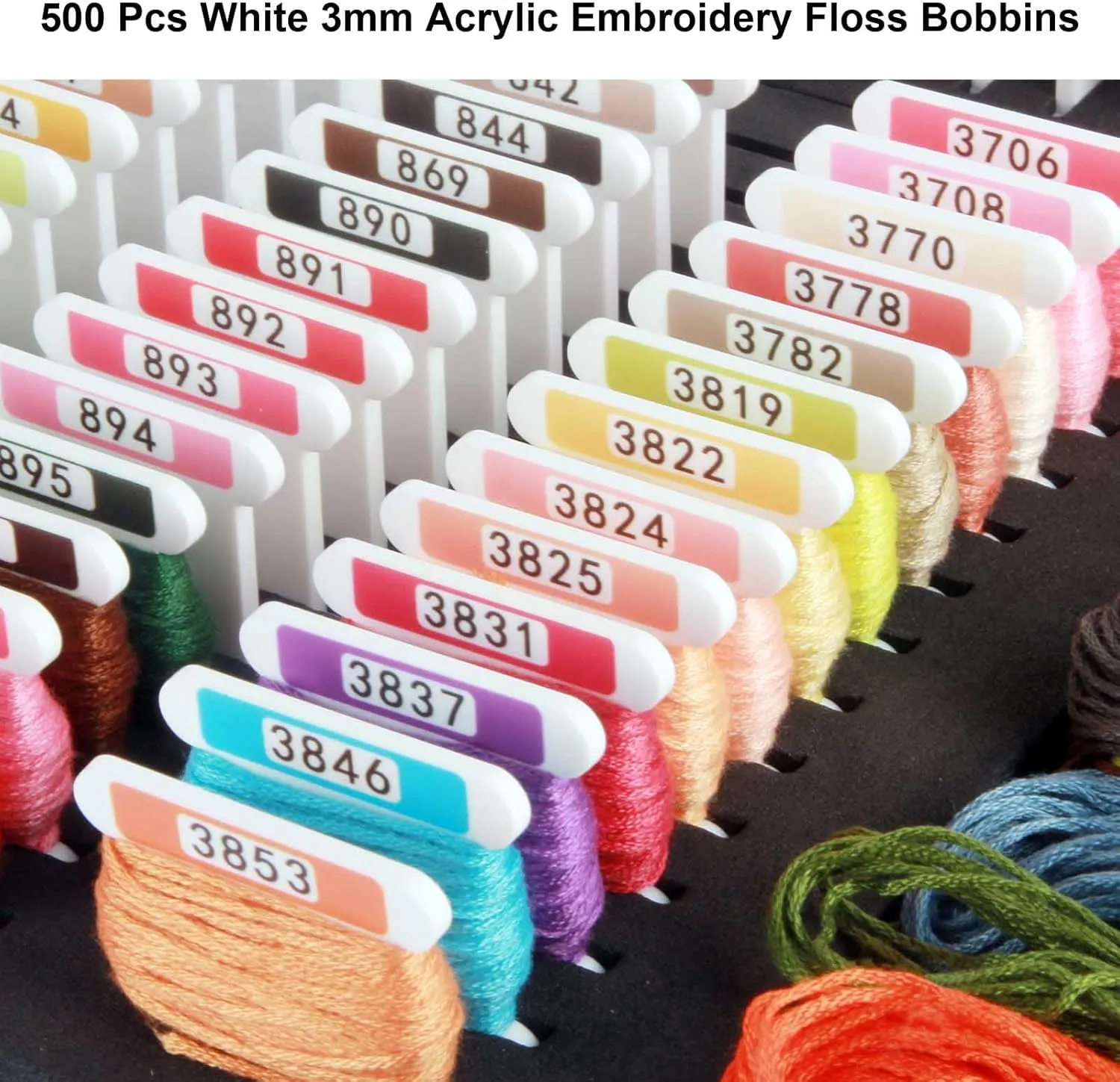 White 3mm Acrylic Embroidery Floss Bobbins,500Pcs Embroidery Thread Organizer with Printed Number and Color Swatch for Cross Stitch Thread Storage (with 5 Foam Inserts for Bisley)