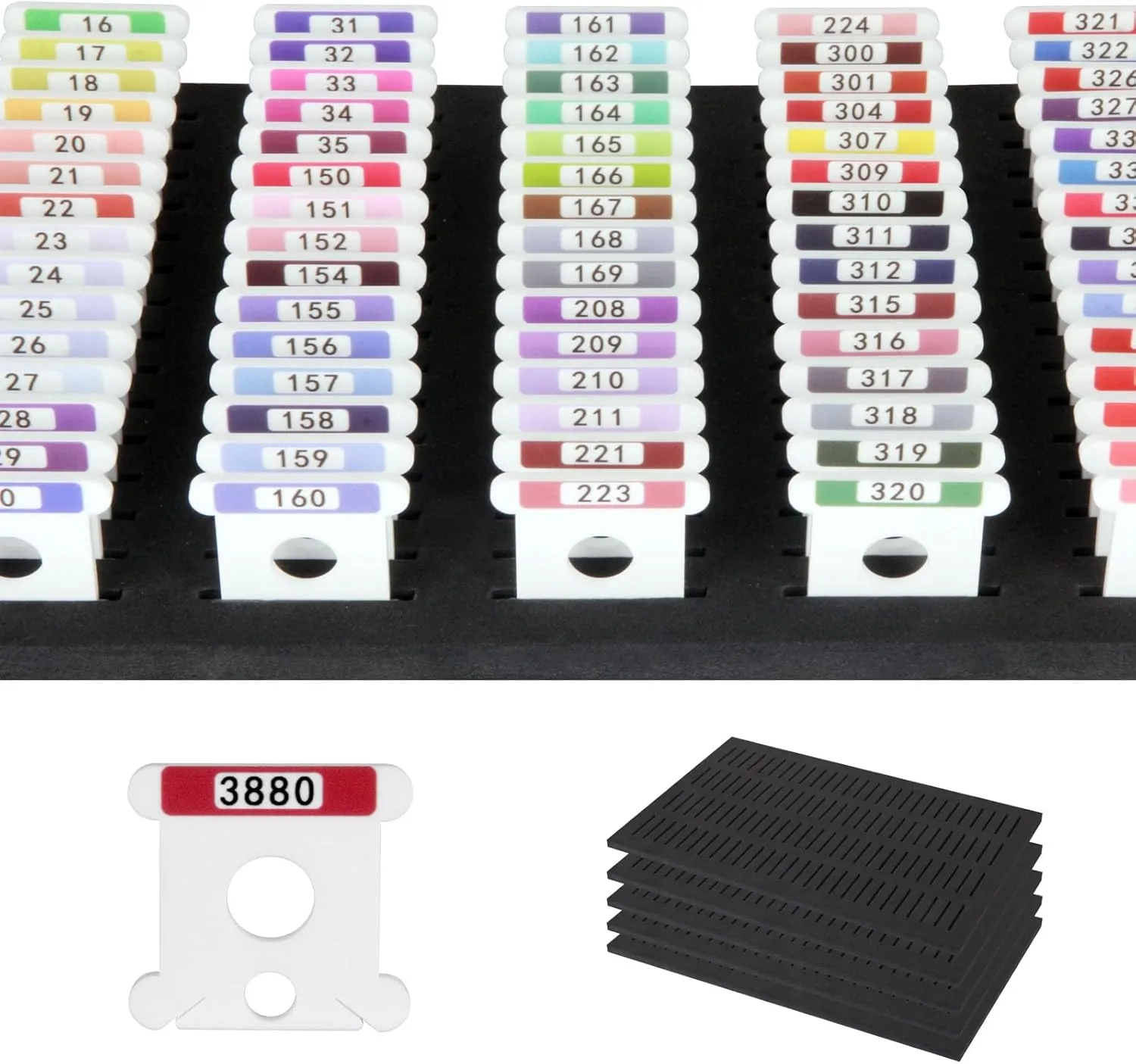 White 3mm Acrylic Embroidery Floss Bobbins,500Pcs Embroidery Thread Organizer with Printed Number and Color Swatch for Cross Stitch Thread Storage (with 5 Foam Inserts for Bisley)