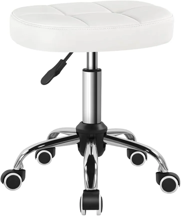 White Minimalist Square Swivel Stool with Wheel Perfect for Work SPA Shop Massage Height-Adjustable and Cost-Effective Rolling Stool Chair