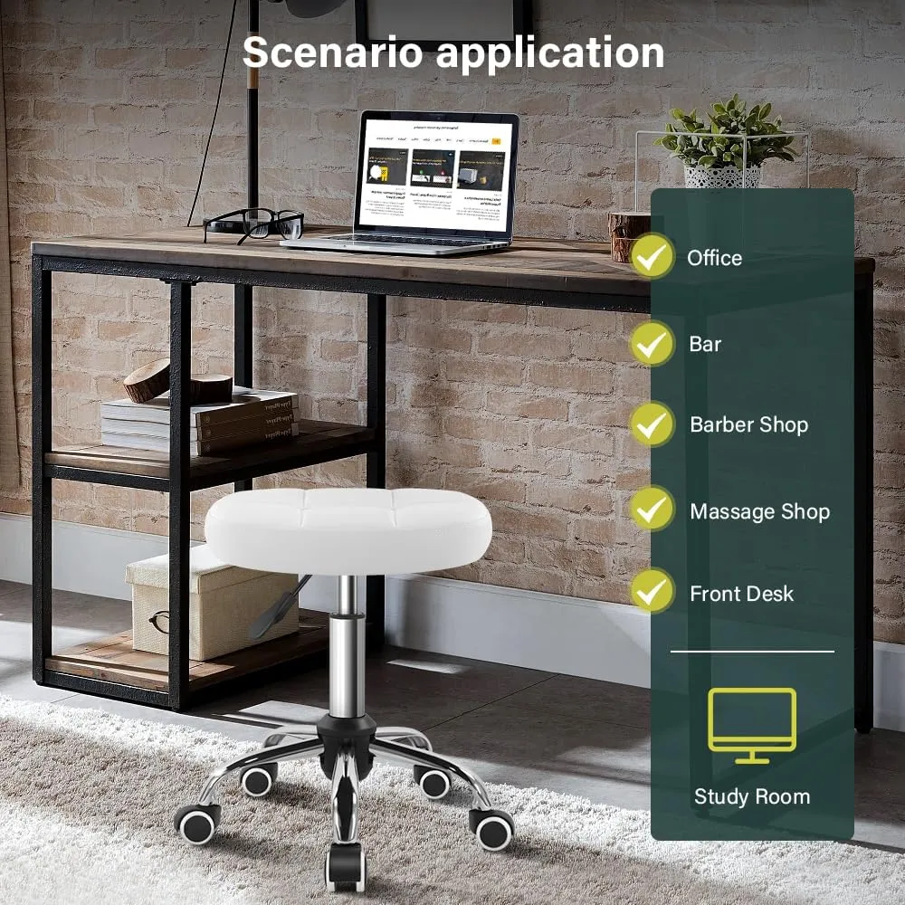 White Minimalist Square Swivel Stool with Wheel Perfect for Work SPA Shop Massage Height-Adjustable and Cost-Effective Rolling Stool Chair