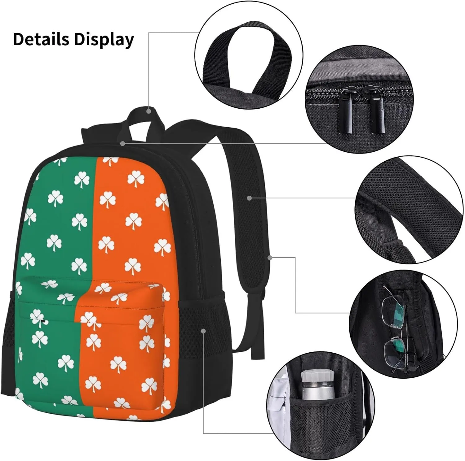 White Shamrock Orange Green St Patricks Day Multifunctional Pocket Backpack Crossbody Lunch Bag Pencil Case 3Pcs Set Large Capacity Backpack