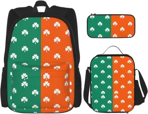 White Shamrock Orange Green St Patricks Day Multifunctional Pocket Backpack Crossbody Lunch Bag Pencil Case 3Pcs Set Large Capacity Backpack