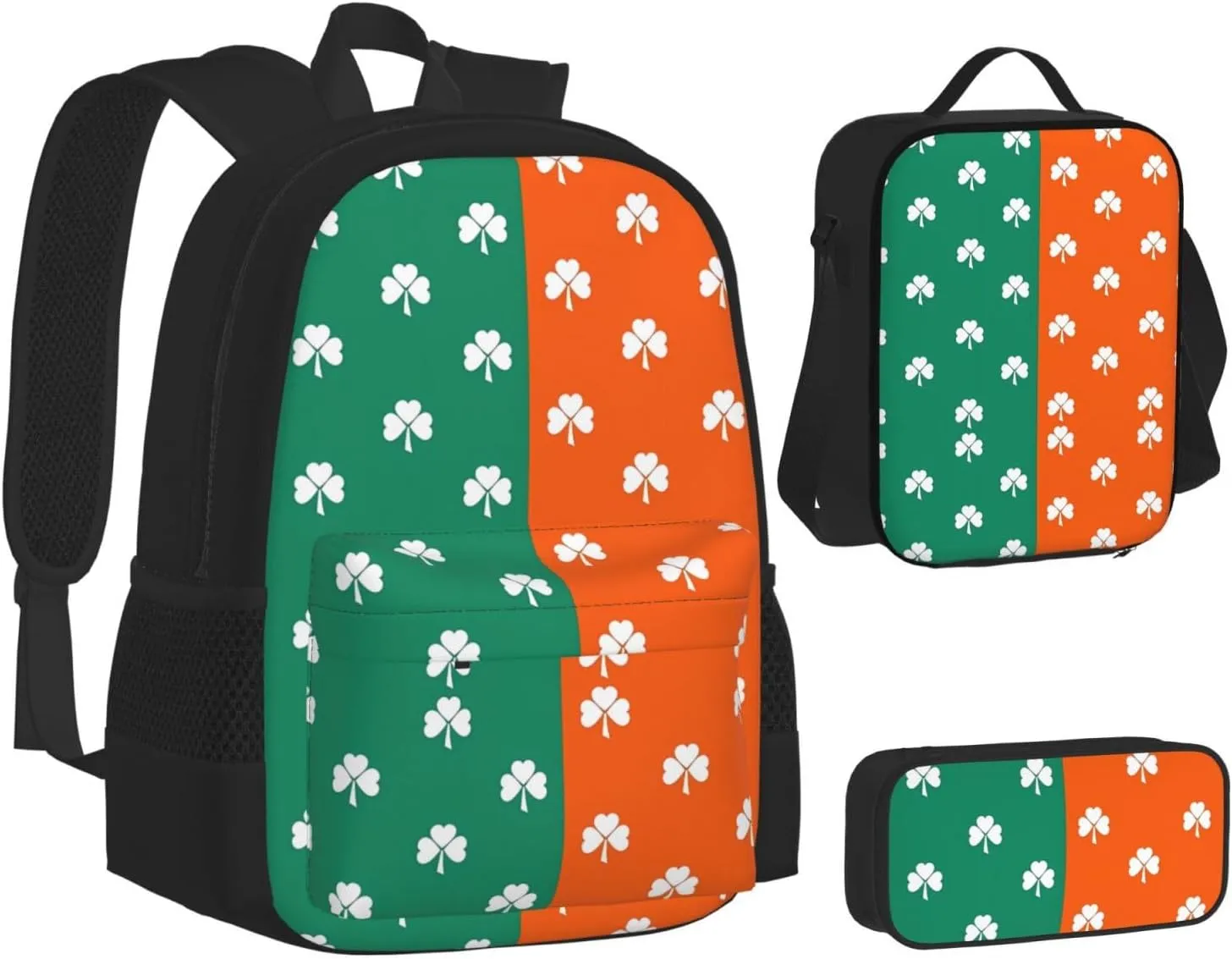 White Shamrock Orange Green St Patricks Day Multifunctional Pocket Backpack Crossbody Lunch Bag Pencil Case 3Pcs Set Large Capacity Backpack