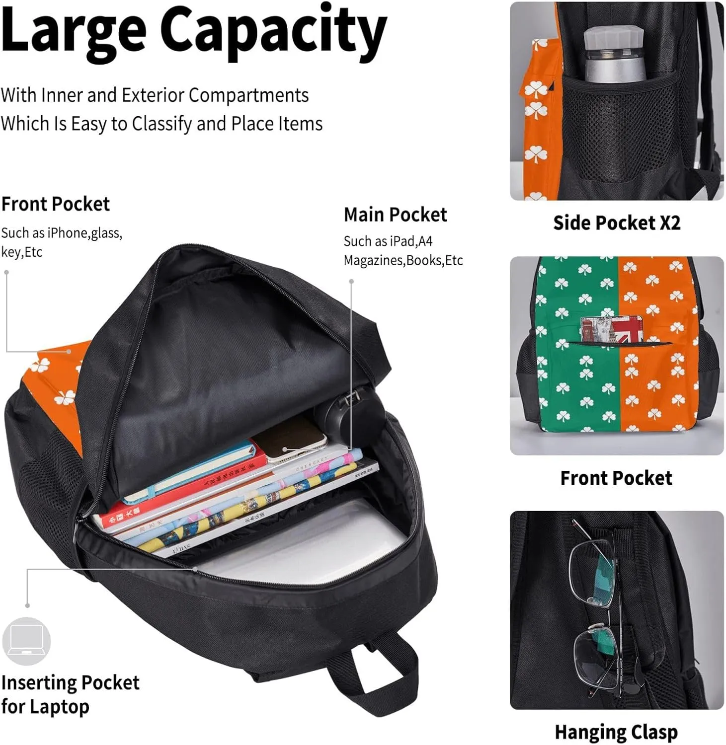 White Shamrock Orange Green St Patricks Day Multifunctional Pocket Backpack Crossbody Lunch Bag Pencil Case 3Pcs Set Large Capacity Backpack