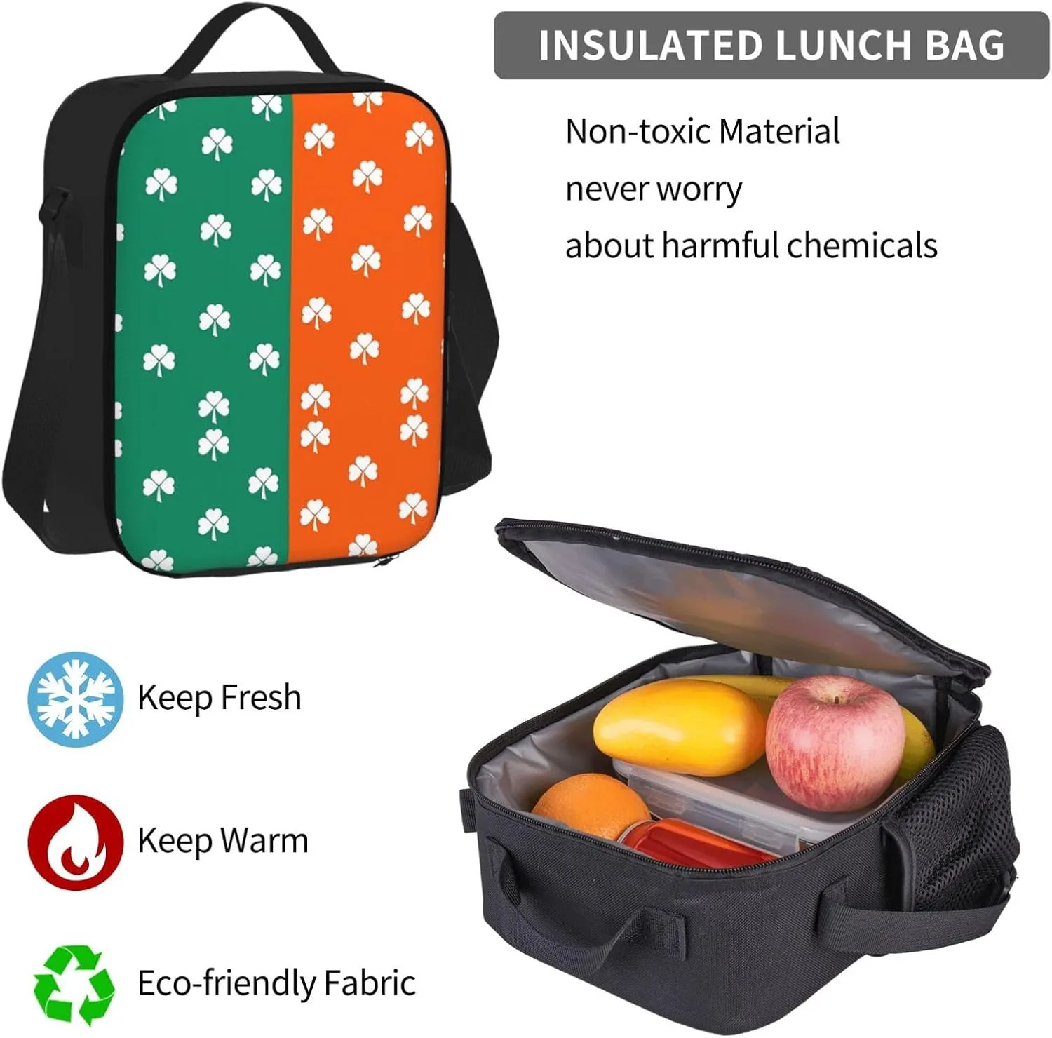 White Shamrock Orange Green St Patricks Day Multifunctional Pocket Backpack Crossbody Lunch Bag Pencil Case 3Pcs Set Large Capacity Backpack