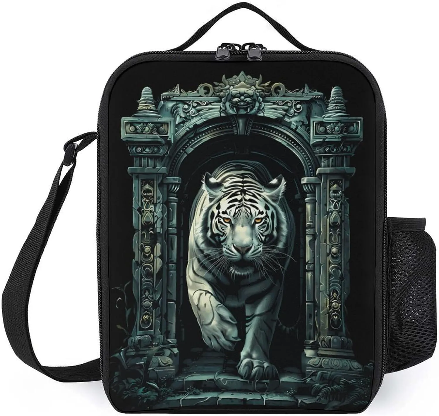 White Tiger Architecture Lunch Bag Insulated Cooler Dinner Box Reusable Tote Bag with Shoulder Strap for Work