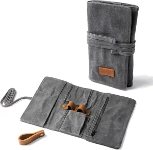 Whitluck's Waxed Canvas Tobacco Smoking Pipe Pouch with Leather Pipe Stand, Travel Pipe Case Bag for 2 Pipes and Other Accessories (Charcoal Grey)