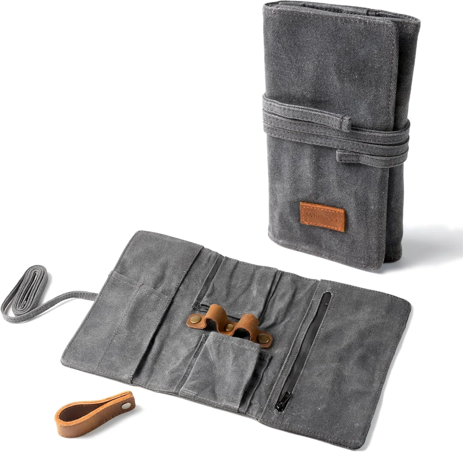 Whitluck's Waxed Canvas Tobacco Smoking Pipe Pouch with Leather Pipe Stand, Travel Pipe Case Bag for 2 Pipes and Other Accessories (Charcoal Grey)
