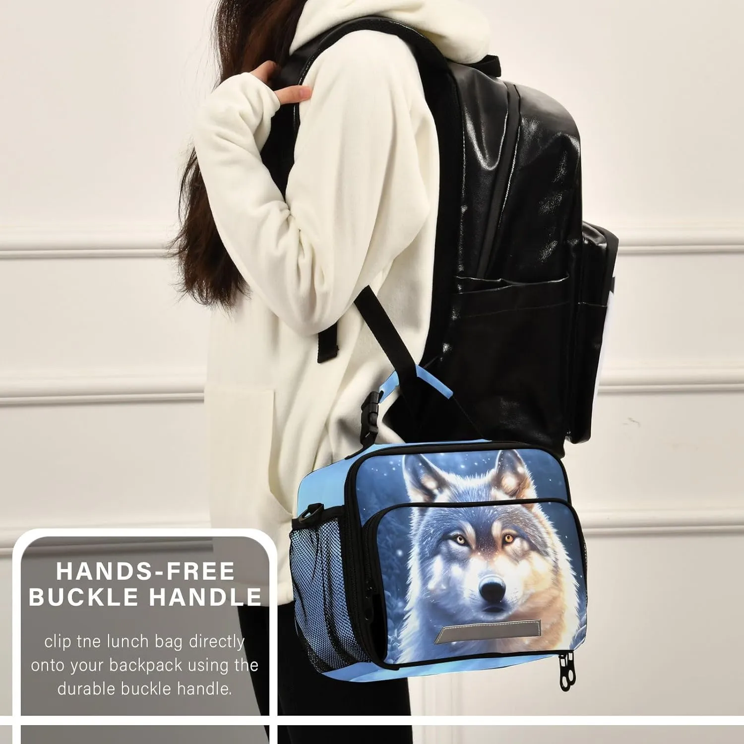 Wolf Snowy Lunch Box for Boys Girls Insulated Lunch Bag Kids Cooler Tote Shoulder Strap Reusable for School Travel Picnic