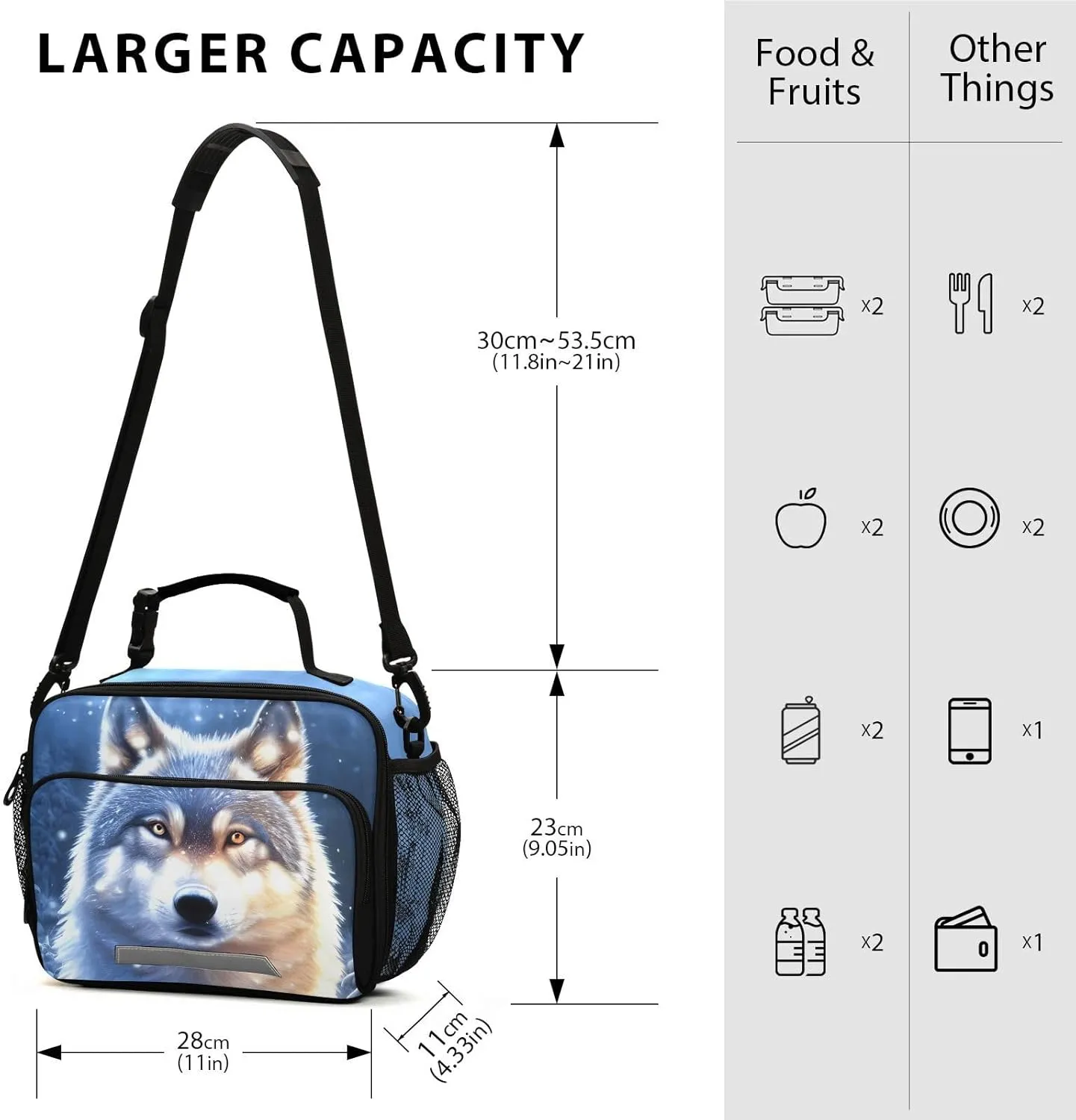 Wolf Snowy Lunch Box for Boys Girls Insulated Lunch Bag Kids Cooler Tote Shoulder Strap Reusable for School Travel Picnic