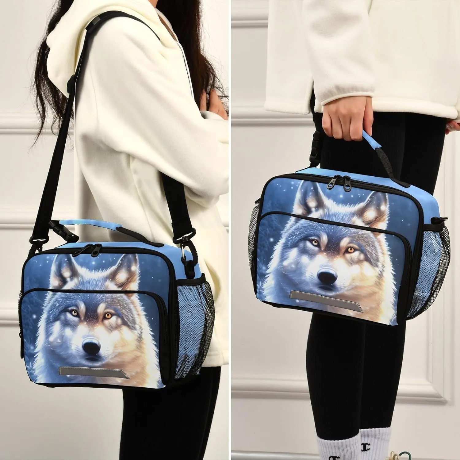 Wolf Snowy Lunch Box for Boys Girls Insulated Lunch Bag Kids Cooler Tote Shoulder Strap Reusable for School Travel Picnic