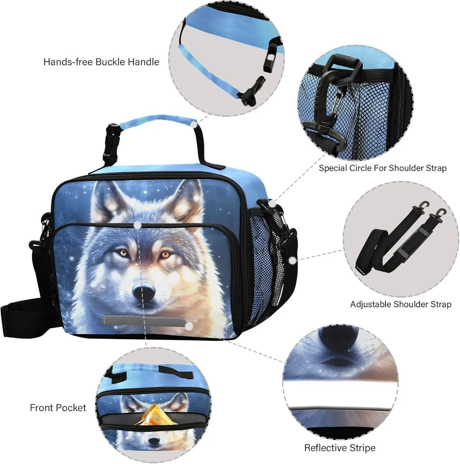 Wolf Snowy Lunch Box for Boys Girls Insulated Lunch Bag Kids Cooler Tote Shoulder Strap Reusable for School Travel Picnic