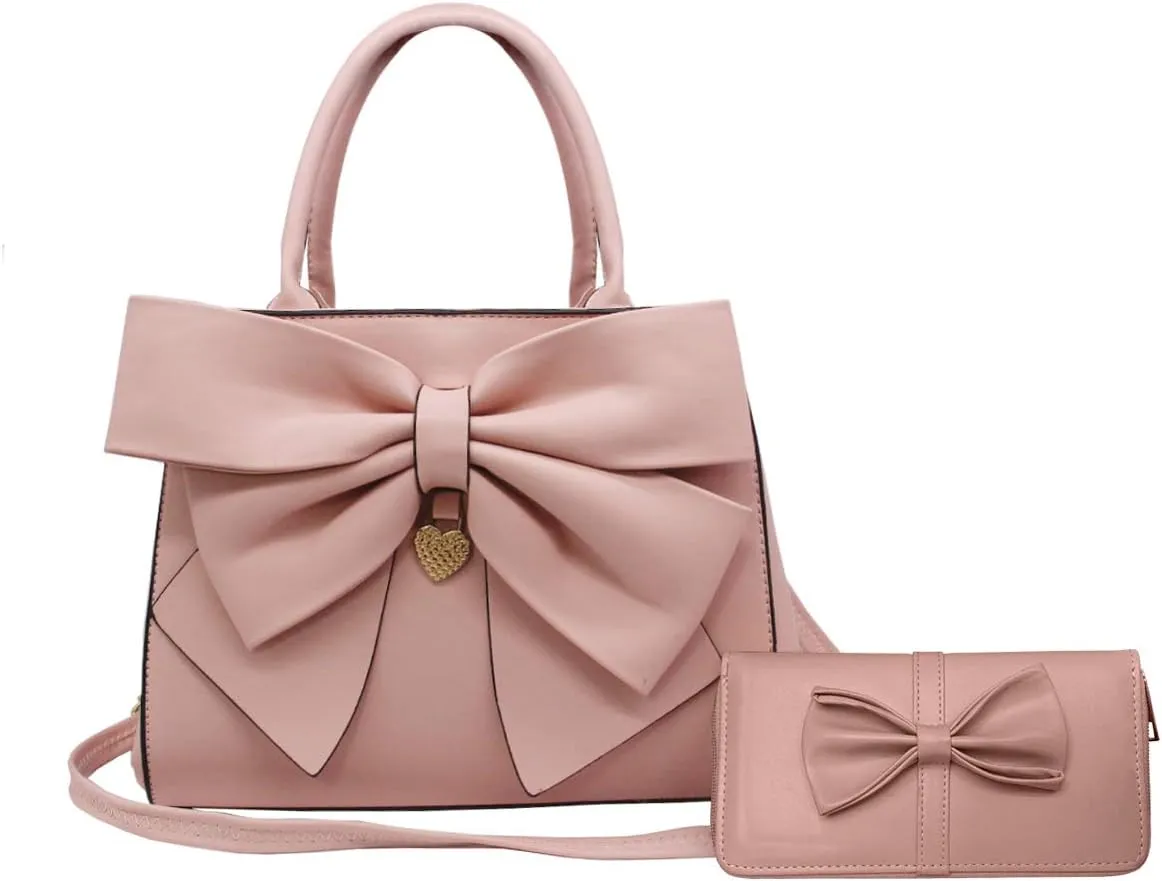 Women Big Bow-Knot Handbag 2 Pcs Set Leather Tote Top Handle Bag Clutch Wallet
