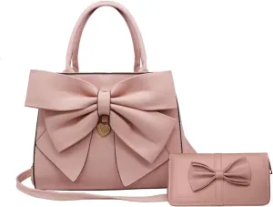 Women Big Bow-Knot Handbag 2 Pcs Set Leather Tote Top Handle Bag Clutch Wallet