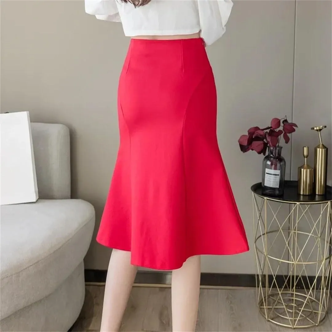Women Elastic High Waist Skirts Elegant Streetwear Black Office Korean Fashion Button Sexy Party Skirt